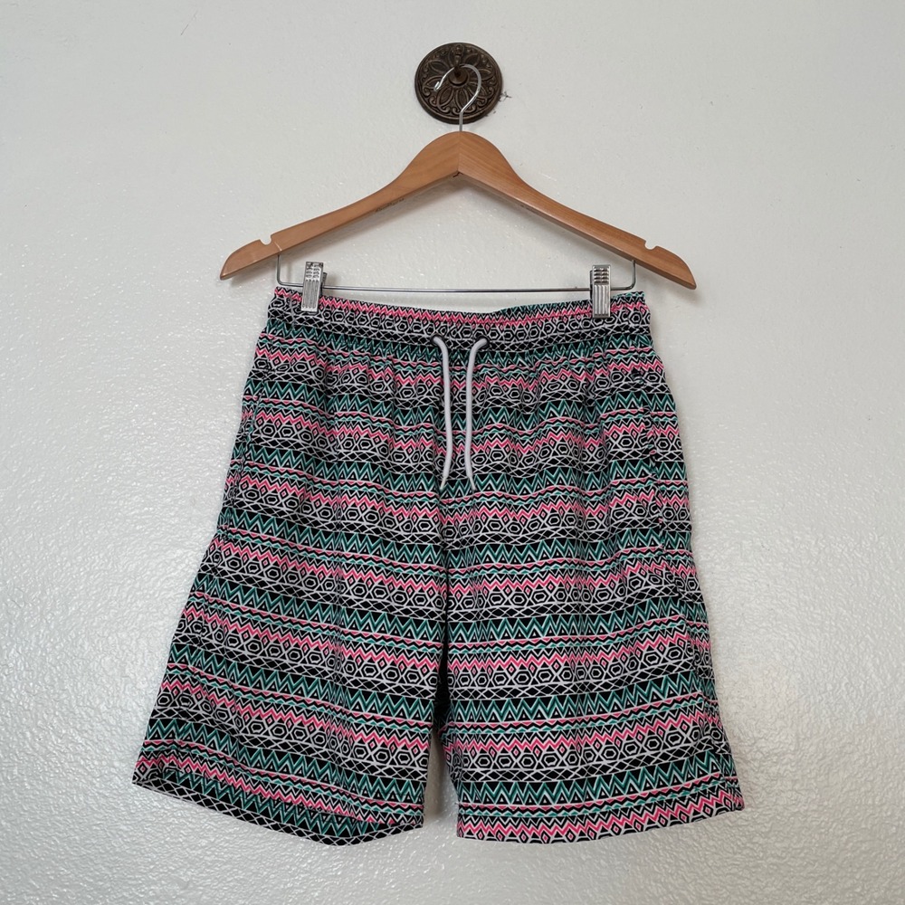 US Surf Club Mens Small Swim Trunks Pink Teal Geometric Tribal Board Shorts Mesh
